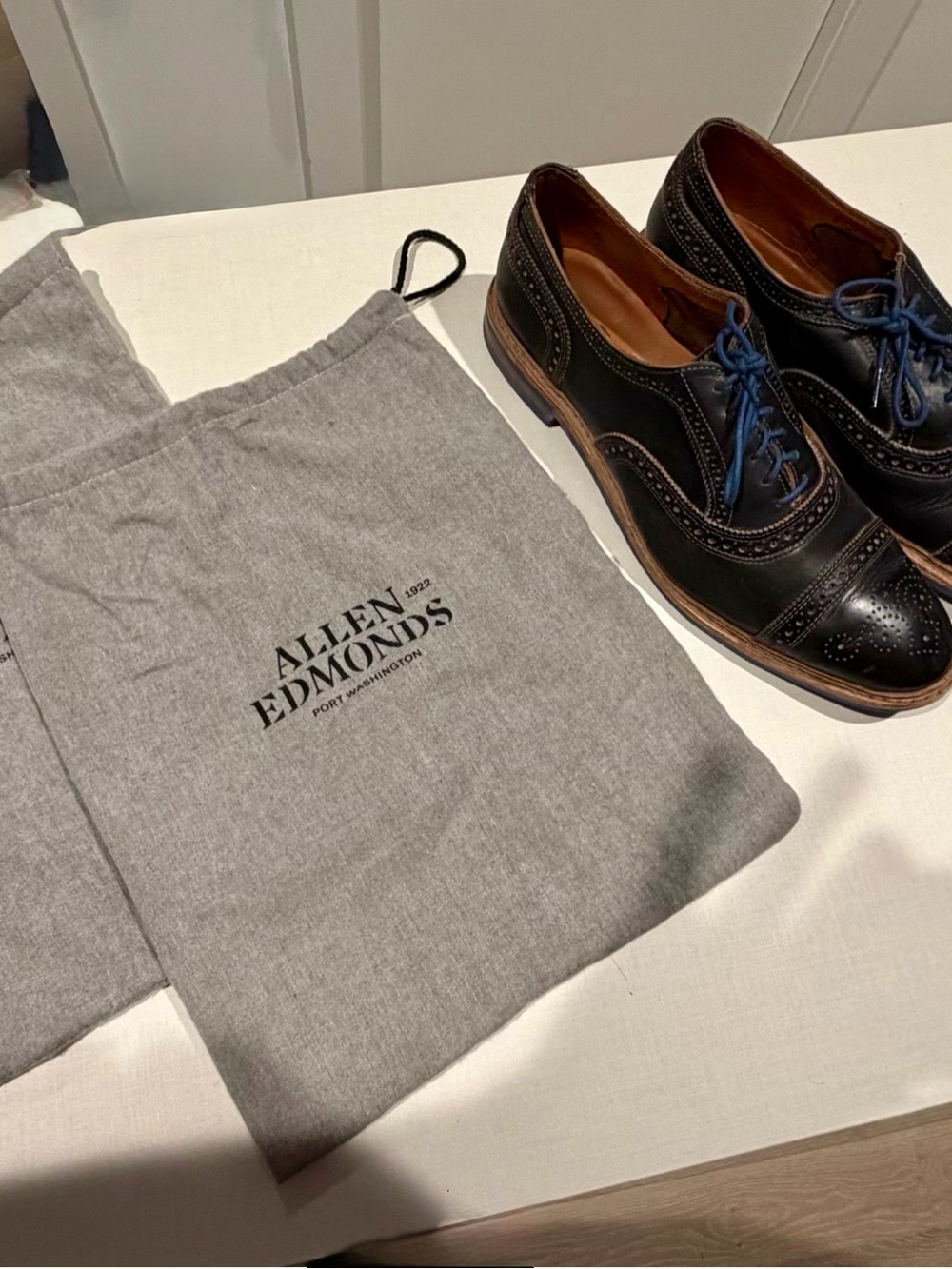 Allen Edmonds Black Leather Wingtip Derby with Blue Laces